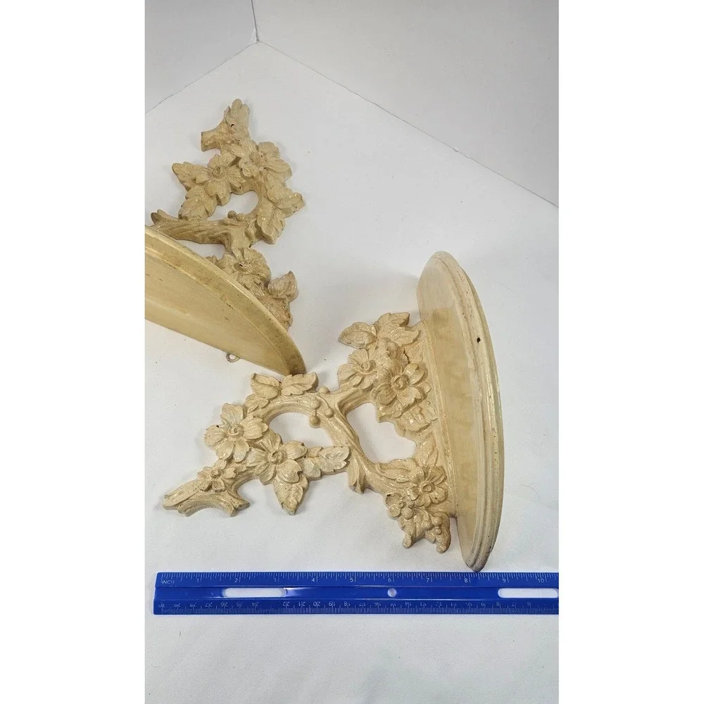 Vintage Pair Carved Wood Floral Wall Shelves Cream Distressed Hanging Display